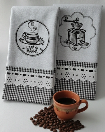 Kit 2 Panos de Prato Bordados à Maquina - Coleção Café