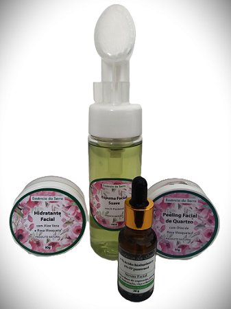Kit de Cuidados Faciais Naturais - Espuma de Limpeza, Peeling de Cristais de Quartzo, Sérum e Hidratante