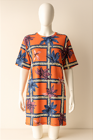 Vestido camisão floral laranja com detalhes em azul