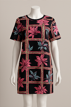 Vestido camisão floral preto com detalhes em rosa e verde