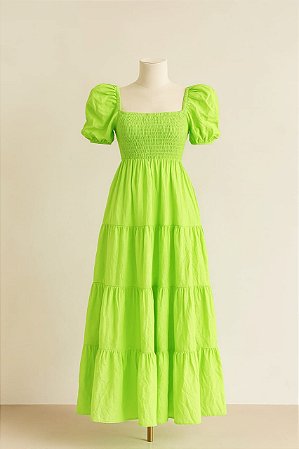 Vestido Midi Verde Neon Feminino com Mangas Bufantes