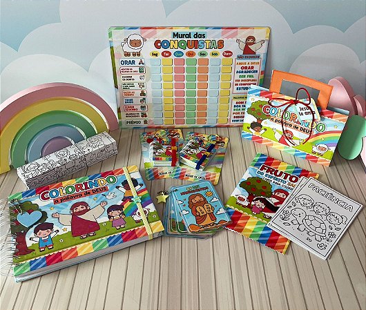 Kit Colorindo para Jesus – Bíblia Infantil, Livro para Colorir, Cards Educativos, Mural das Conquistas e Estojo Criativo