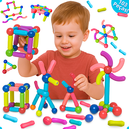 Blocos Magnéticos Coloridos - Brinquedo Educativo 103 Peças