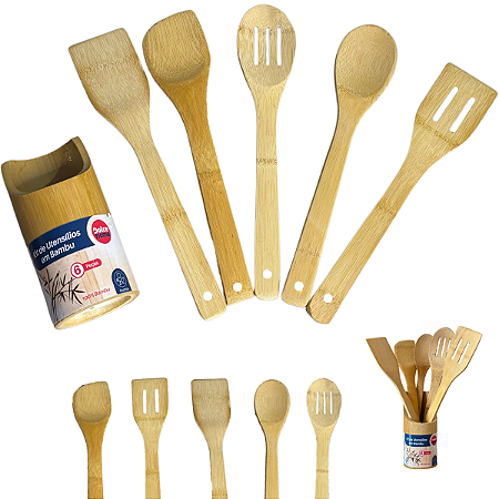 Jogo Utensílios De Bambú 6 Peças Colher De Pau E Espátulas