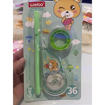 Weibo 3 em 1 - Caneta Gel, Correção e Fita Adesiva