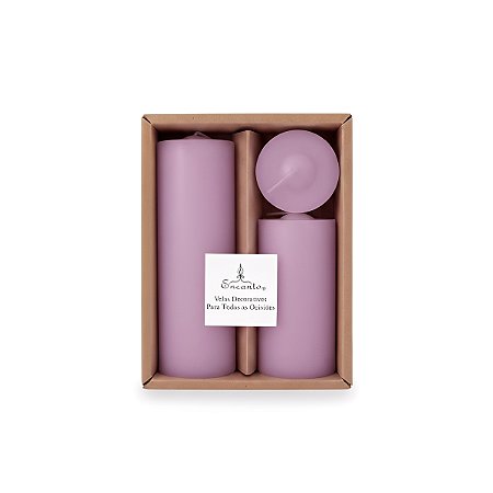 Trio de Velas Cilíndricas Lilás  5cm, 10cm E 15cm Decoração Festas