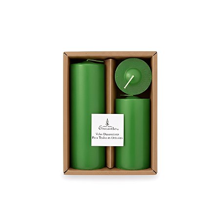 Trio de Velas Cilíndricas Verde  5cm, 10cm E 15cm Decoração Festas