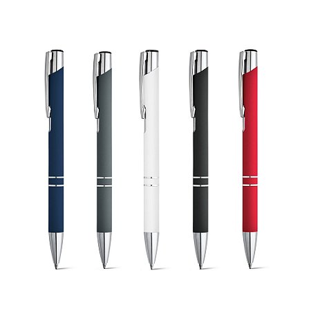 Esferográfica de Alumínio com Acabamento Emborrachado - Escrita em Preto. Mínimo 50 unidades.