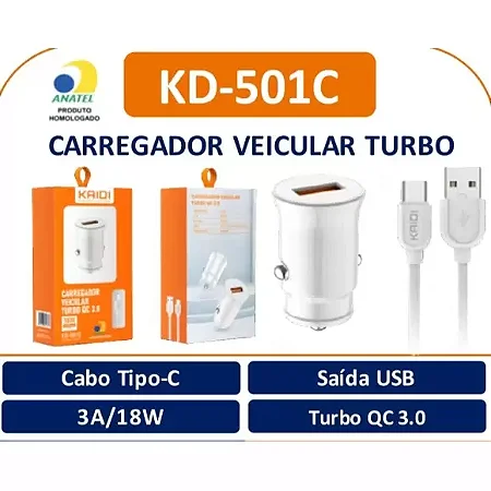Carregador Veicular Turbo QC 3.0 Kaidi - KD-501C