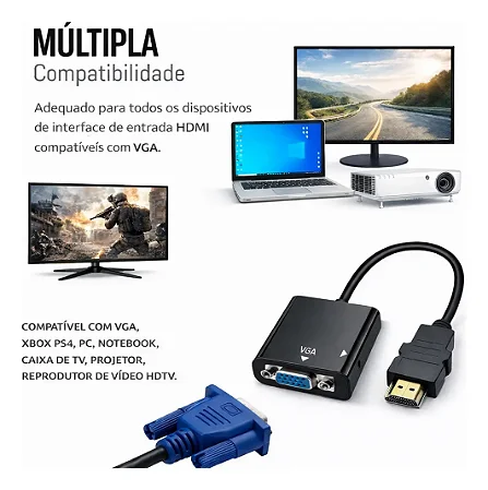 Adaptador HDMI para VGA com Cabo de Áudio P2