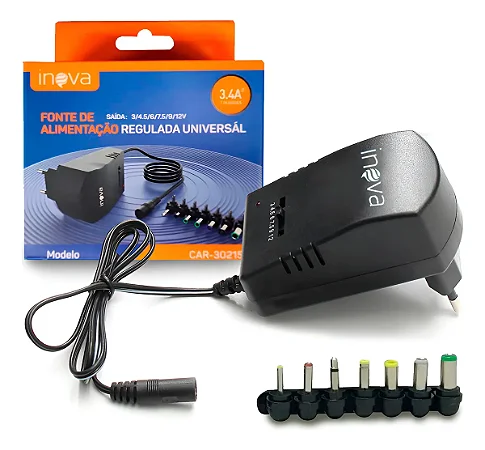 Fonte p/ Notebook Universal regulada 3A 30W c/ 7 Plugues