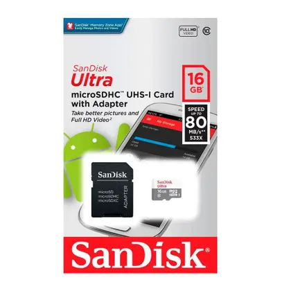 CARTAO DE MEMORIA 16GB SANDISK ULTRA 80 MB MICRO C/ADAPTADOR SDSQUNS-016G-GN3MA