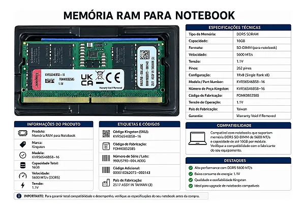 MEMORIA NOTEBOOK 16GB  DDR5 5600 MHZ  KINGSTON CL46