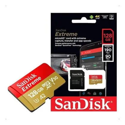 CARTAO MEM MICROSD  EXTREME 128GB SANDISK 100MBS 4K P/ Câmeras de Ações / Drones & Smartphones