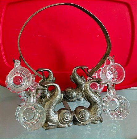 6 copos de shot / licor c suporte (antiguidade / raridade / relíquia / antiquário)