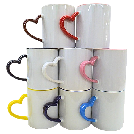 Caneca Porcelana Branca Alça Coração e Interior Colorida