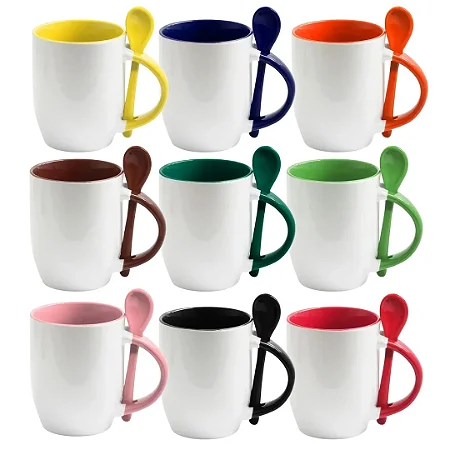 Caneca de Cerâmica com colher Alça e Interior Colorido