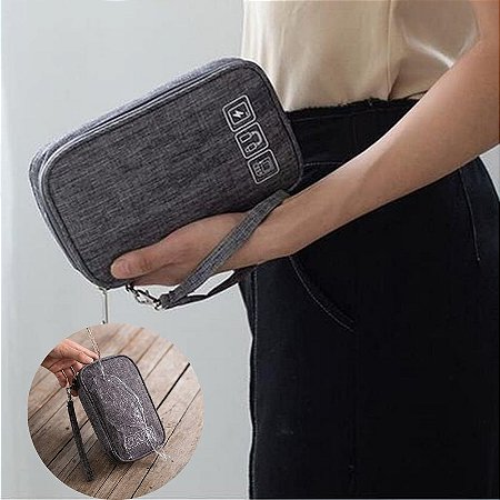 103138 - Estojo Bolsa Organizador de Cabos e Acessórios Eletrônicos - Cinza