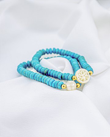 Pulseira Dupla Turquesa com Pingente Árvore da Vida