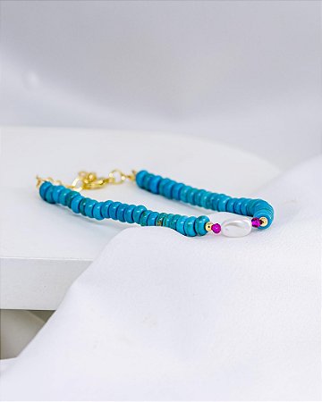 Pulseira Turquesa com Detalhes Pink e Pérola