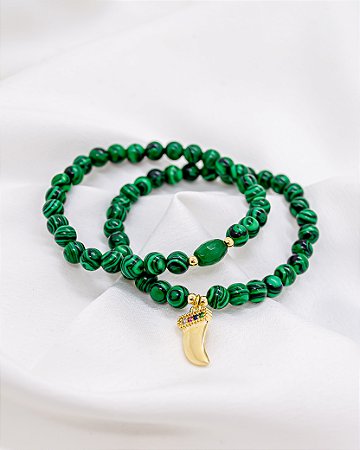 Pulseira Dupla Malaquita com Pingente Dente de Sabre