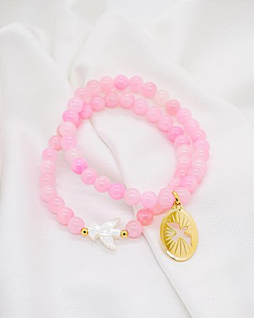 Pulseira Dupla de Jade Rosa com Espírito Santo Madre