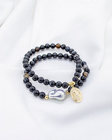 Pulseira Dupla Onix Mesclada com Pérola