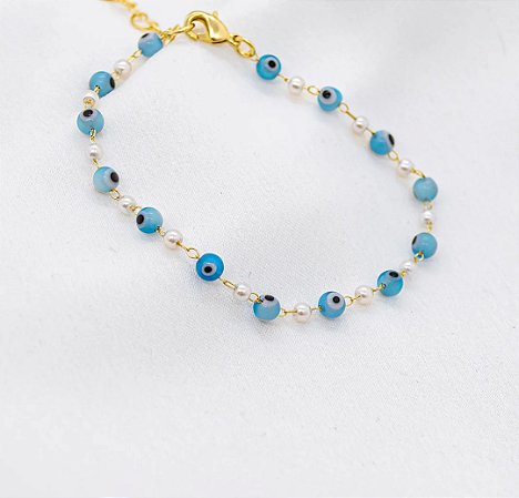 Pulseira Olho Grego e Mini Pérolas