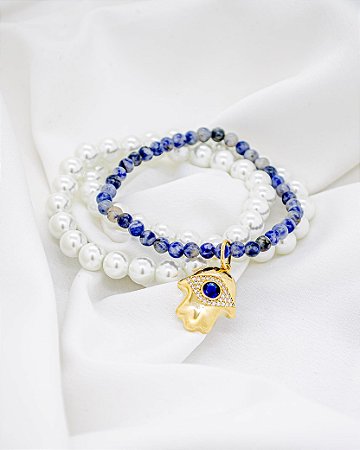 Conjunto Elegante de Pulseiras: Pérolas e Pedra Natural