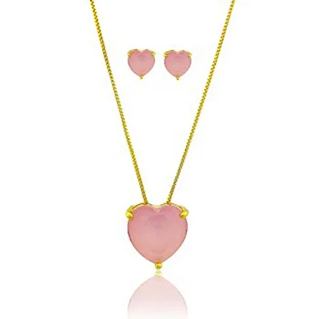 CONJUNTO CORAÇÃO PEDRA FOSCA ROSA BANHADO A OURO 18K