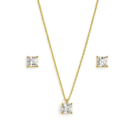 CONJUNTO QUADRADO ZIRCONIA 6MM BANHADO A OURO 18K