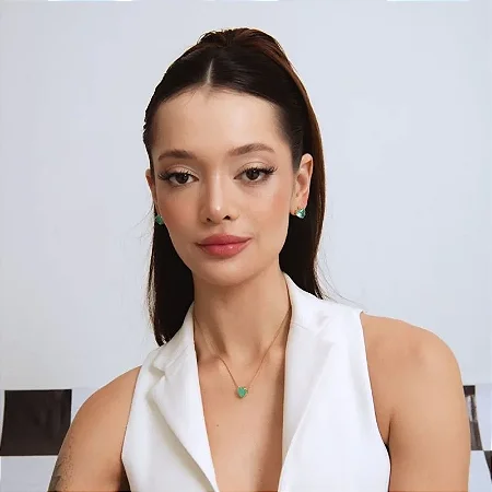 CONJUNTO CORAÇÃO FUSION VERDE 10MM BANHADO A OURO 18K