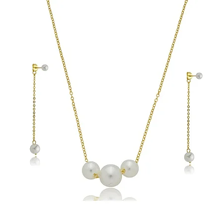 CONJUNTO TRIO DE PEROLAS BANHADO A OURO 18K