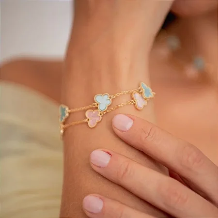 PULSEIRA BORBOLETAS AZUL 10MM BANHADO A OURO 18K