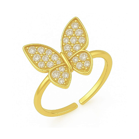 ANEL ZIRCÔNIA BRILHO BORBOLETA BANHADO A OURO 18K