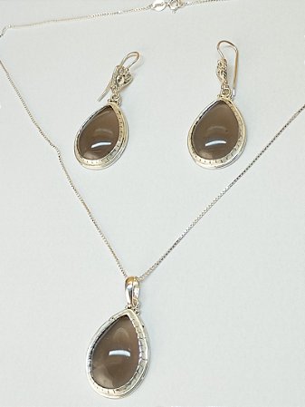 Conjunto Quartzo Fumê (cabochão)