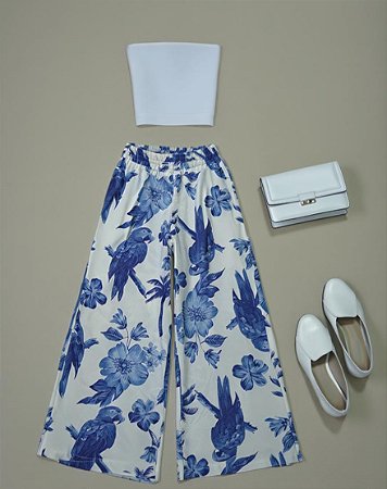 Calça Pantalona Feminina Estampada Azul e Branco
