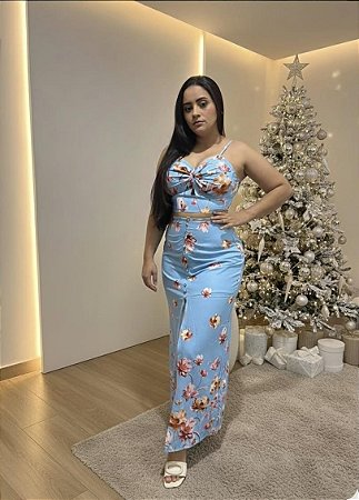 Conjunto Azul Floral Feminino Elegante