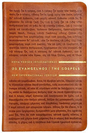 Os Evangelhos Bilíngue NVI e NIV (português e inglês), Letra tradicional, Fonte Leitura Perfeita, com letras de Jesus em azul, Capa luxo Marrom