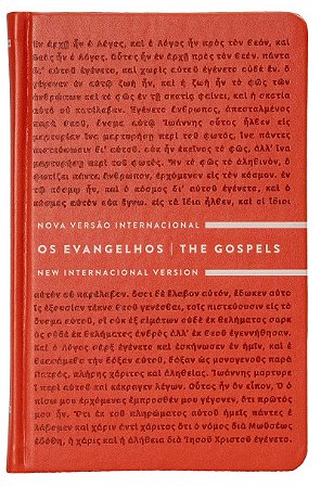 Os Evangelhos Bilíngue NVI e NIV (português e inglês), Letra tradicional, Fonte Leitura Perfeita, com letras de Jesus em azul, Capa dura luxo Laranja