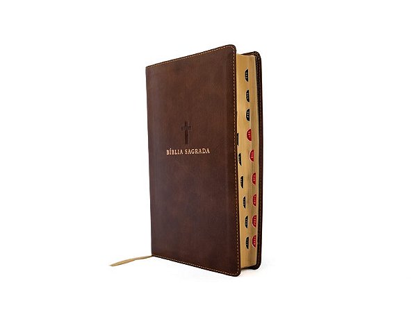 Bíblia NVI, Capa luxo marrom, Letras de Jesus em vermelho, Índice de dedo, Leitura Perfeita