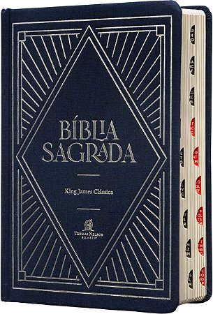 Bíblia Sagrada King James Clássica, Letra grande, Tecido sobre capa dura marinho, Luzes, Palavras de Jesus em azul, Índice de dedo, Leitura Perfeita: Com introdução aos livros bíblicos