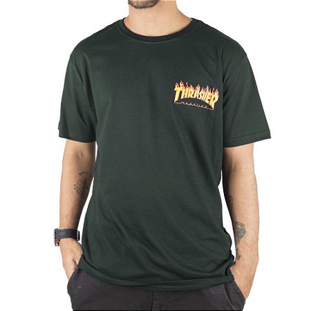 Camiseta Thrasher Flame Logo Button Masculina Verde Escuro