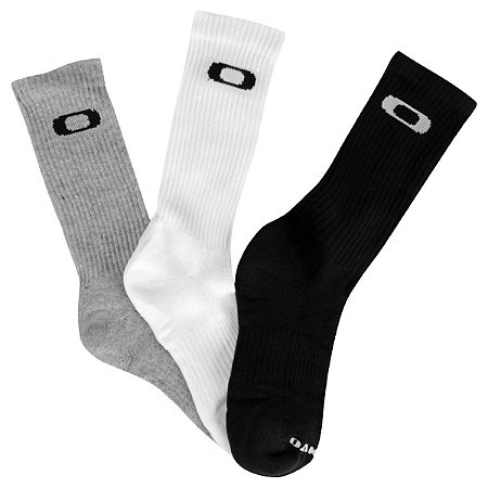 Meia Oakley Crew Sock 2.0 Cano Alto Kit 3 Pares Preto/Cinza/Branco