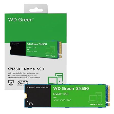 SSD WD Sn350 1TB M.2 Nvme PCie, Leitura 2400MB/s E Gravação 1850MB/s - Wds100t2g0c