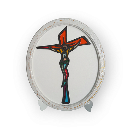 Quadro Oval com Crucifixo 40cm - Arte Religiosa Colorida