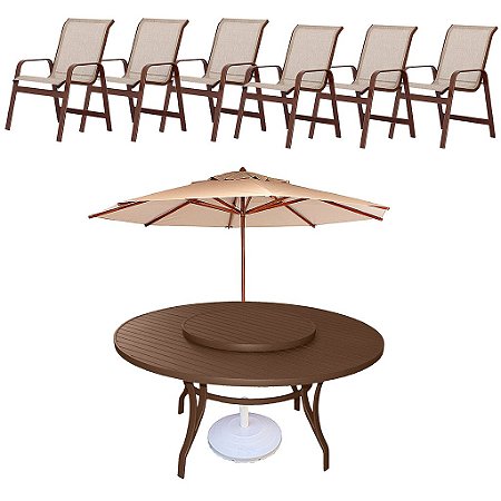 Conjunto de mesa Giratória com 6 Cadeiras e Guarda Sol