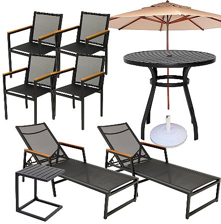 Kit Conjunto de Mesa 4 Cadeiras Perpétua, 2 Espreguiçadeiras, Mesa Lateral e Ombrelone