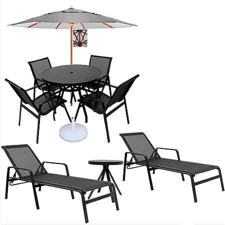 Kit Lótus Premium Jogo de Mesa com 4 Cadeiras, 2 Espreguiçadeiras e Ombrelone