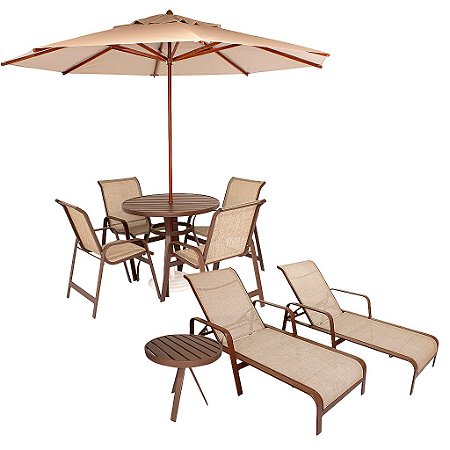 Kit Lótus Premium Completo 01 Mesa Ripada De 1.00m + 04 Cadeiras+ 01 Ombrelone + 02 Espreguiçadeiras+ Mesinha Lateral